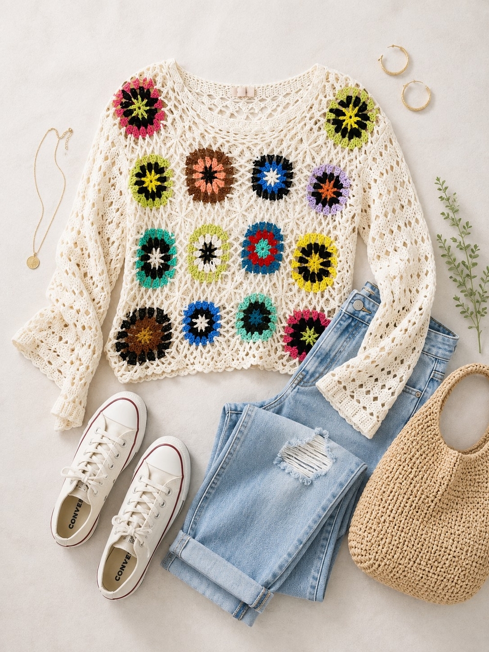debut Cream Crochet GRANY SQUARE Sweater with Multicolor Medallions